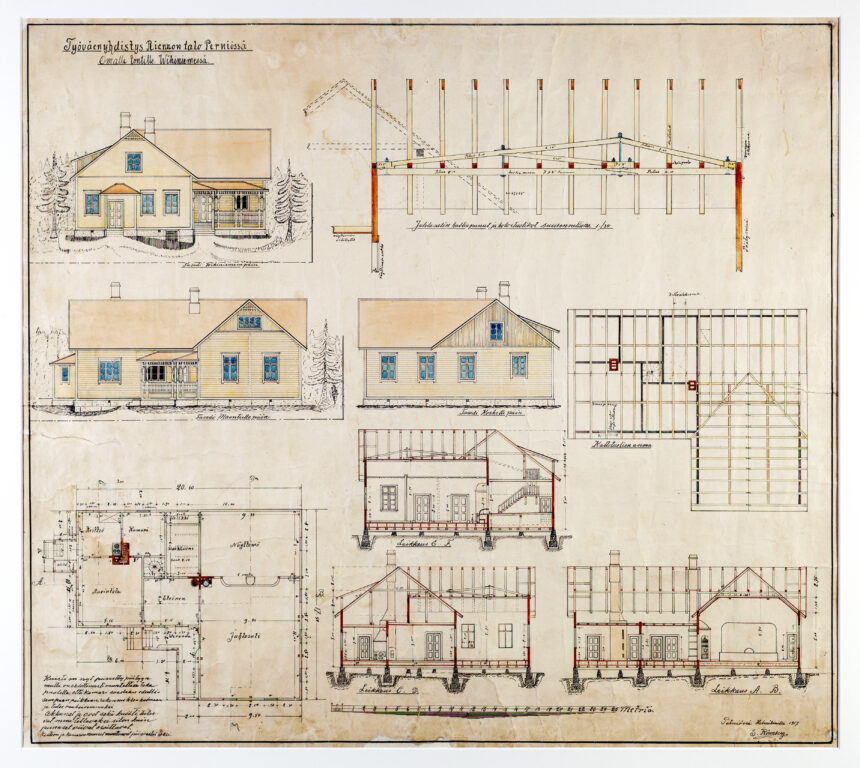 Perniöläisen Sikstus Rönnbergin rakennuspiirustus työväenyhdistys Riennon talosta helmikuulta 1917
